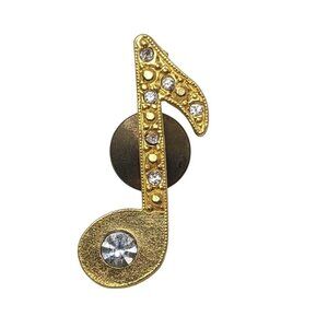 Vintage Gold Tone Music Note Lapel Pin with Clear Rhinestones Brooch